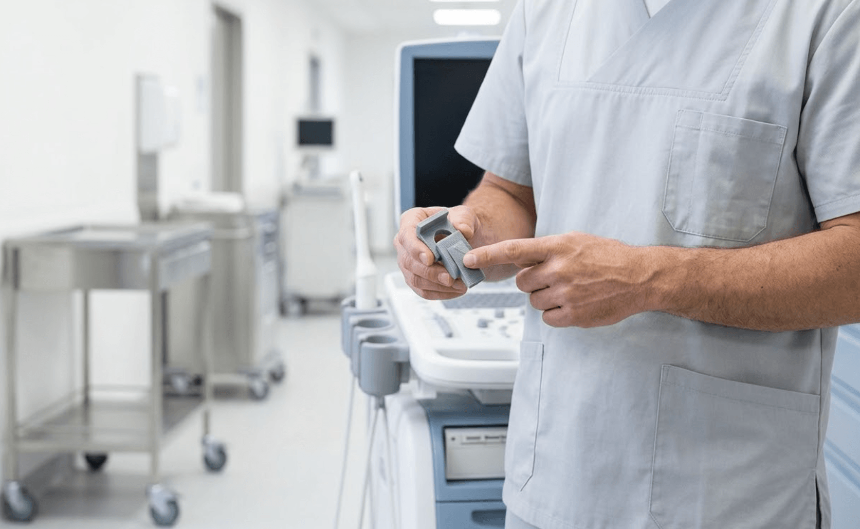 Technician installing a custom 3D-printed part in hospital equipment