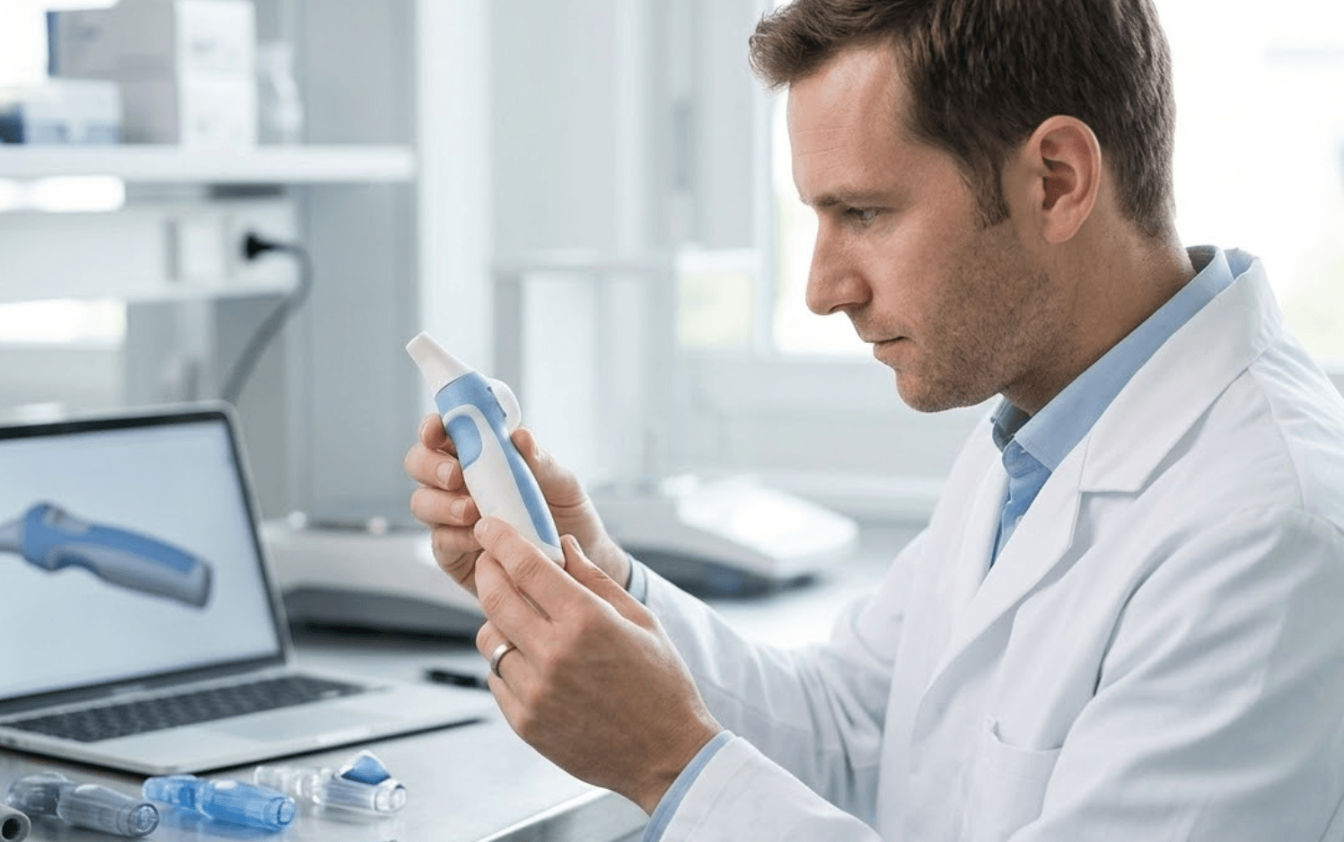 Engineer reviewing a 3D-printed medical device prototype