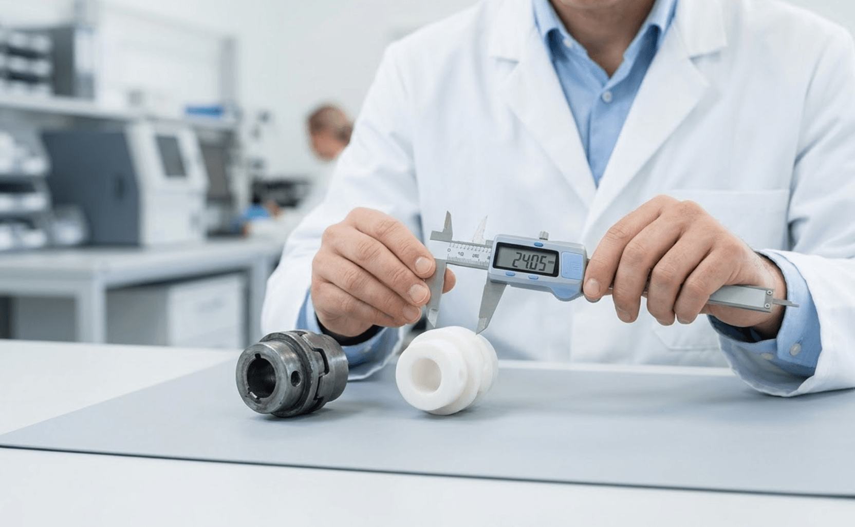 Engineer measuring a custom replacement part with calipers